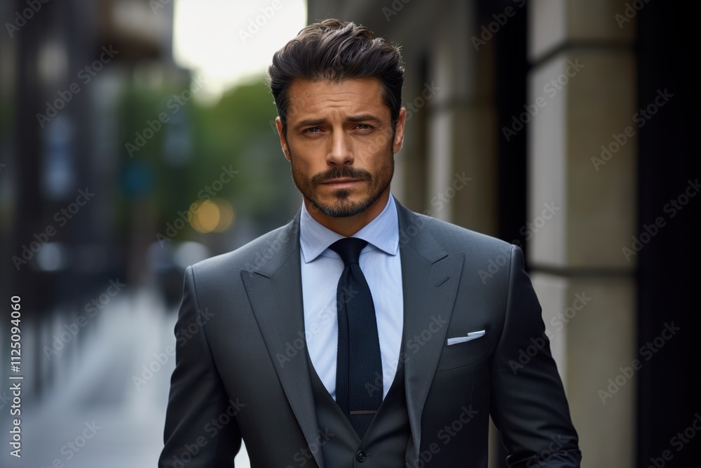 A man in a suit and tie stands on a sidewalk A man in a suit and tie stands on a sidewalk