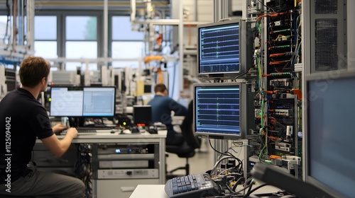 A high-tech environment showcasing interconnected devices, technicians immersed in managing a distributed control network.