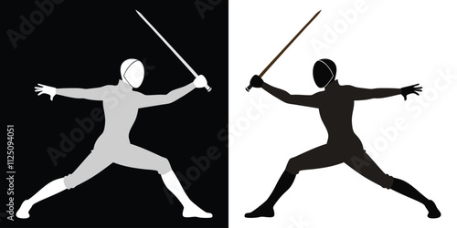 Fencing sport silhouette icon vector. Sport, athlete, fencing player. Logo in white and black isolated. Graphic vector illustration.