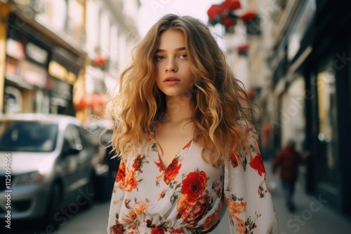 Wallpaper Mural A woman with long hair and a floral dress is standing on a city street Torontodigital.ca