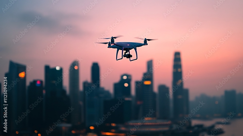 Drone Delivering Package over Futuristic City Skyline at Dusk Drone Delivering Package over Futuristic City Skyline at Dusk