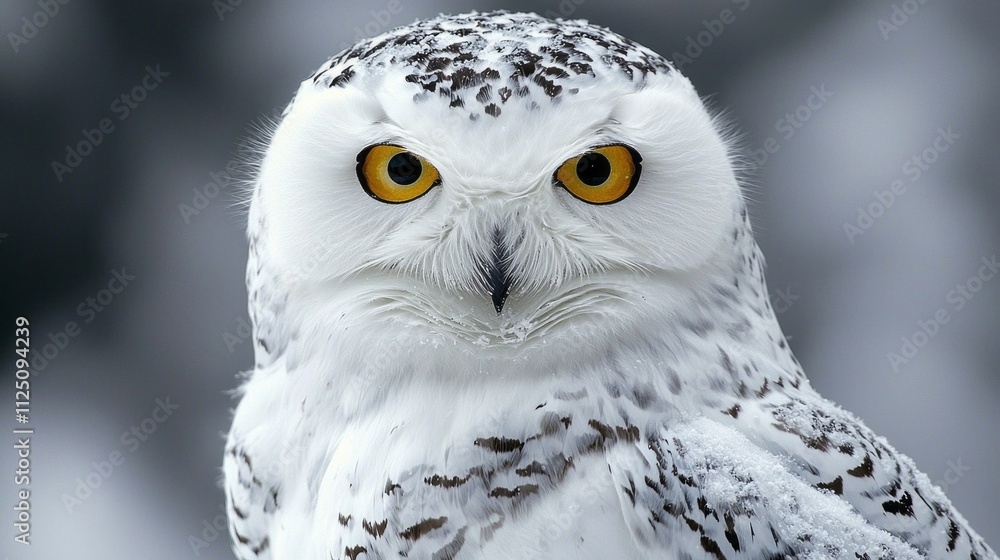Obraz premium In a serene winter landscape, a snowy owl sits calmly against a backdrop of glistening snow, its bright yellow eyes and snowy plumage capturing the beauty of the season