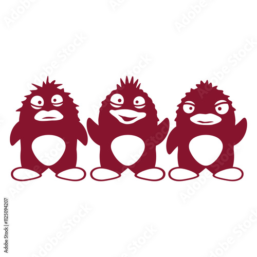 3 Crazy Penguin Friends Crew Three Team Fun Squad Design Lover Art Vector Illustration Card T-Shirt Poster Sticker Graphic Print Decorative Drawing Isolated Logo Decoration Symbol Creative Cool Style
