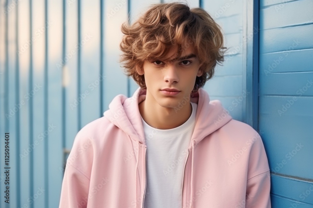 A young man in a pink hoodie stands in front of a blue wall A young man in a pink hoodie stands in front of a blue wall