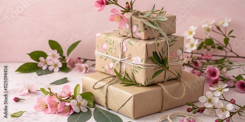 Craft Paper Gift Wrapping Boxes on Pink Background - Artistic Double Exposure Photography of Holiday Gifts and Natural Elements for Unique Presentations