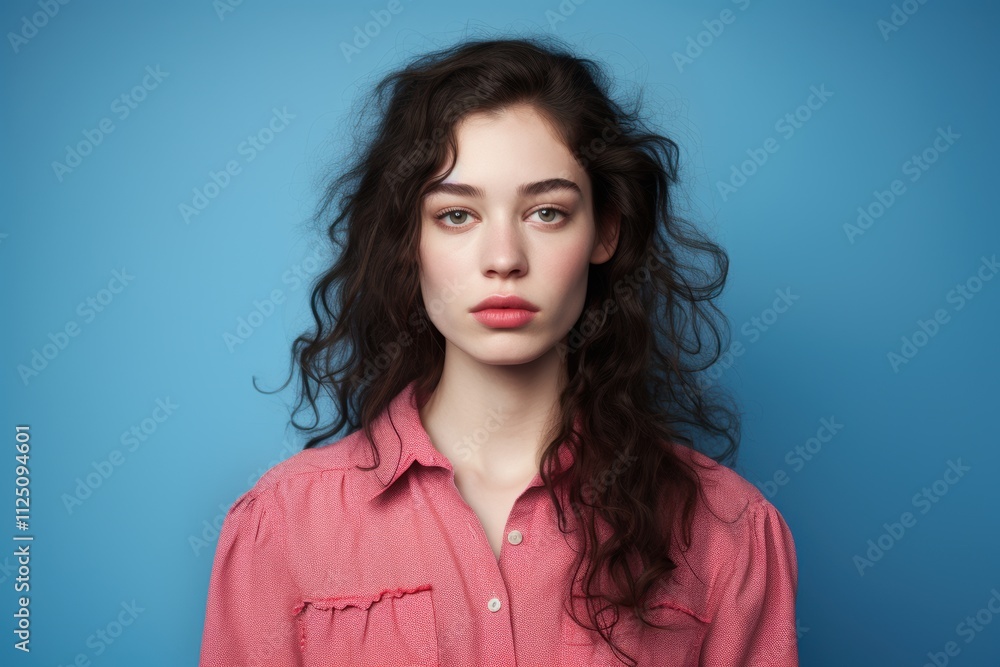 A woman with long hair and a red shirt is standing in front of a blue background A woman with long hair and a red shirt is standing in front of a blue background