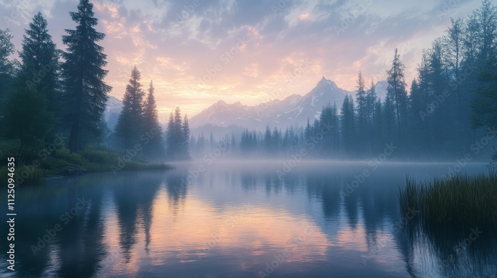 Serene Mountain Lake Sunrise Misty Forest Scene Serene Mountain Lake Sunrise Misty Forest Scene