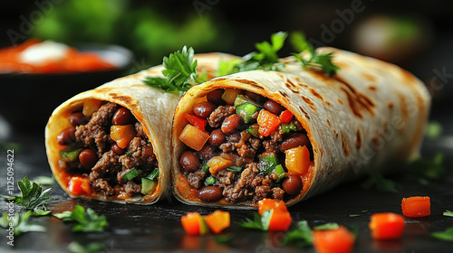 Delicious beef and black bean burritos wrapped in soft tortillas, garnished with fresh herbs and colorful vegetables, perfect for satisfying meal