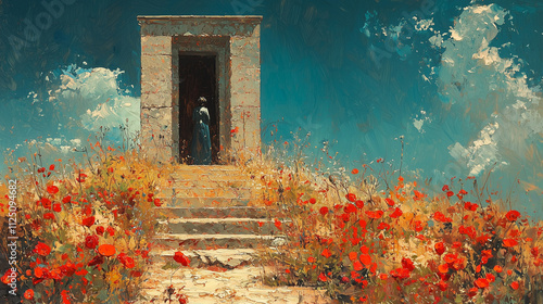 Modern artistic representation of Rachel's Tomb surrounded by vibrant poppy flowers