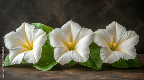 Beautiful white flowers with green leaves arranged elegantly on dark background, perfect for adding text or graphics. serene composition evokes sense of calm and tranquility