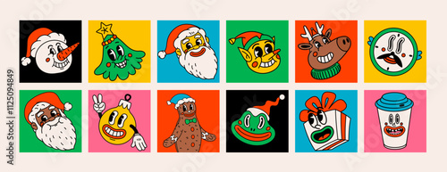 Retro style Christmas mini cards or stickers with groovy Christmas characters and objects. Ideal for Christmas and New Year sticker designs and decorations, vector illustration