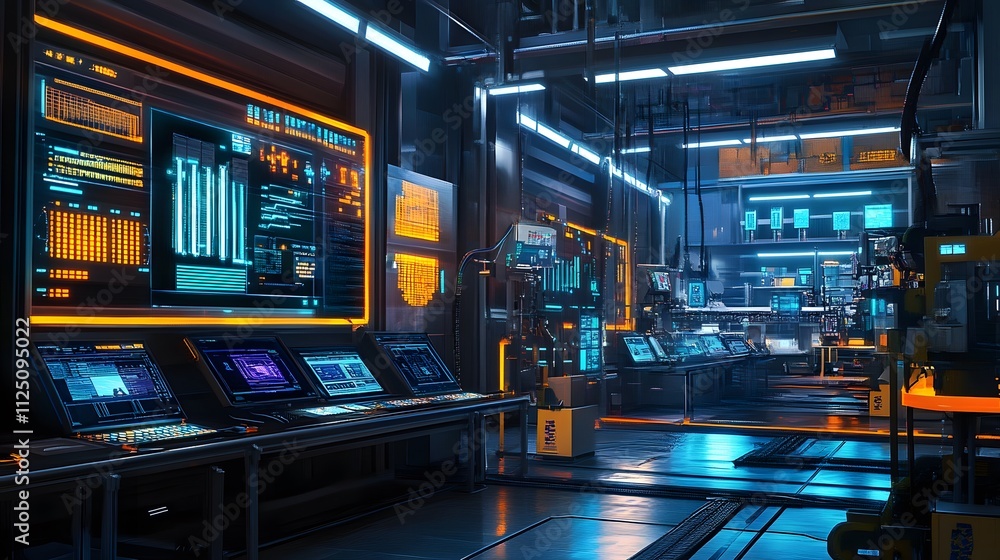 A futuristic factory floor with digital screens displaying real-time data from distributed control systems, vibrant colors creating an engaging scene.