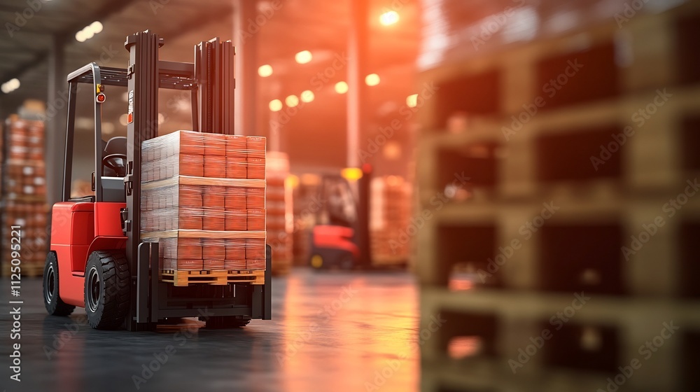 Fototapeta premium Busy Distribution Center with Forklifts Moving Large Pallets of Goods in Warehouse