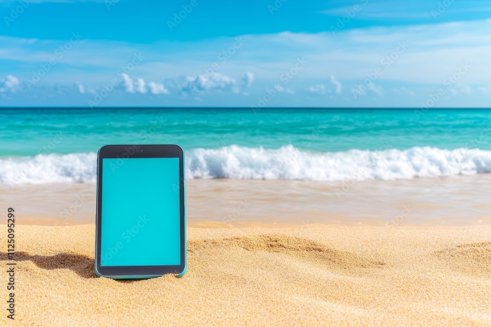 An ebook reader resting on a sandy beach, displaying the cover of a best-selling novel with waves crashing in the background An ebook reader resting on a sandy beach, displaying the cover of a best-selling novel with waves crashing in the background