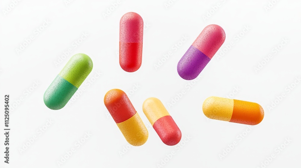 Vibrant Colorful Capsules and Tablets Floating in Midair on White Background Vibrant Colorful Capsules and Tablets Floating in Midair on White Background