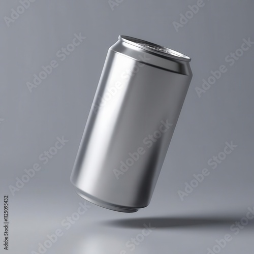 A sleek, silver beverage can floats against a minimalist background, showcasing modern beverage packaging design. photo