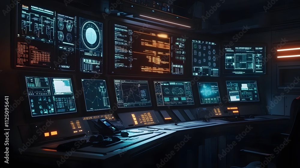 A high-tech operator station with multiple monitors displaying system diagnostics, the glow of screens reflecting in the darkened room. A high-tech operator station with multiple monitors displaying system diagnostics, the glow of screens reflecting in the darkened room.