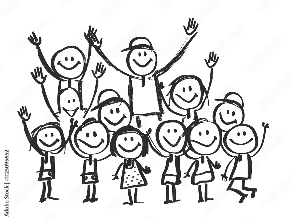 Children hand drawn team of happy workers stick figure illustration on a white background. Children hand drawn team of happy workers stick figure illustration on a white background.