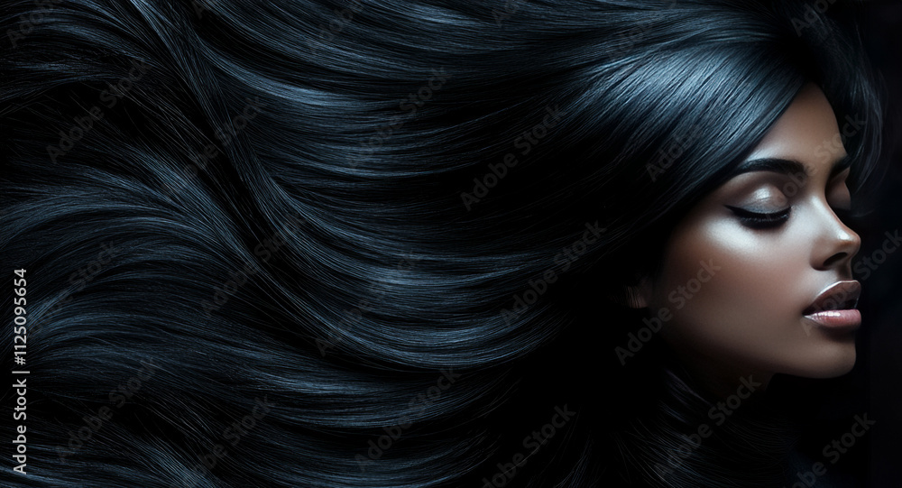 Obraz premium Elegant black woman showing long and healthy shiny hair flowing in the wind