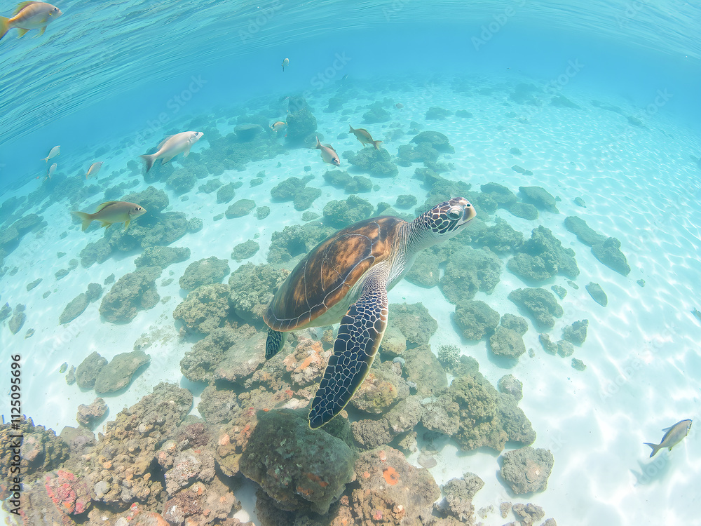 Green sea turtle swimming in the clear waters of the Red Sea. Green sea turtle swimming in the clear waters of the Red Sea.