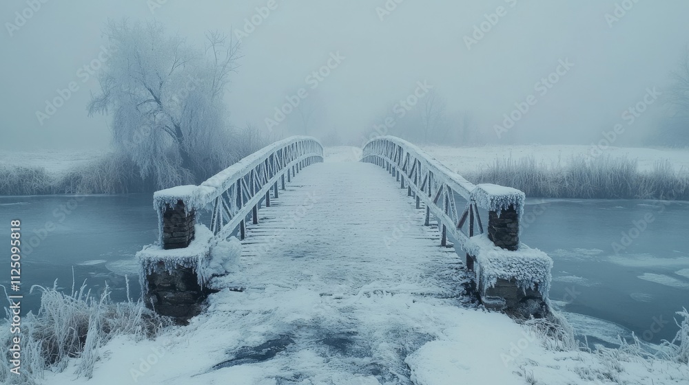 Obraz premium Frosty Bridge Over Icy Winter River Landscape
