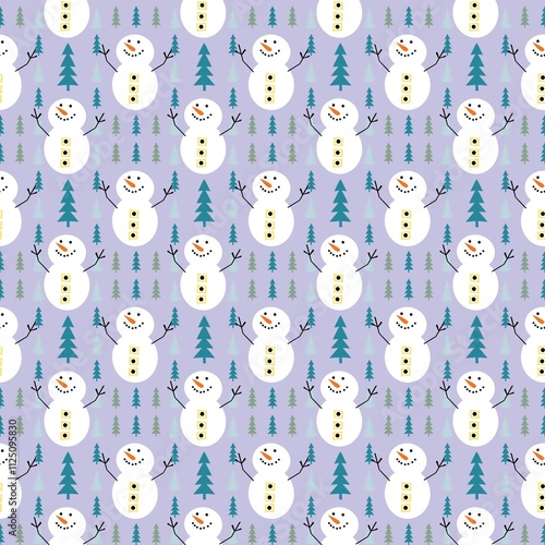 Cartoon wallpaper snowman pattern alternating with trees in a seamless row hand-drawn cute sweet blue soft with white dots alternating fashion education gift paper book.