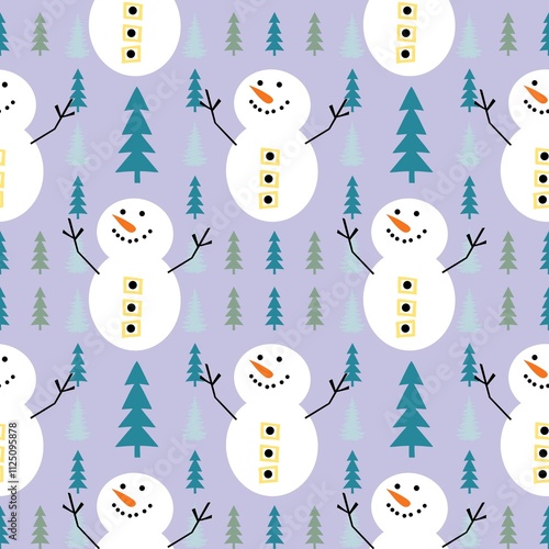 Cartoon wallpaper snowman pattern alternating with trees in a seamless row hand-drawn cute sweet blue soft with white dots alternating fashion education gift paper book.