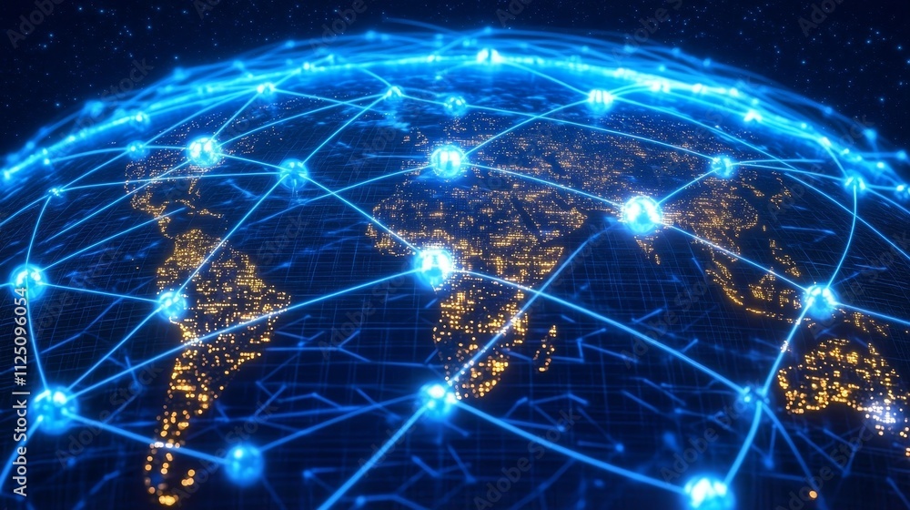 Global Network Connections, A Futuristic View of Interconnectivity With Glowing Nodes And Lines Global Network Connections, A Futuristic View of Interconnectivity With Glowing Nodes And Lines
