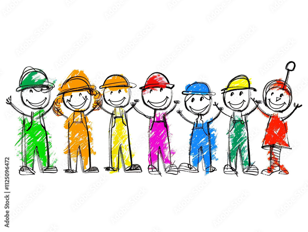 Children hand drawn team of happy workers stick figure illustration on a white background. Children hand drawn team of happy workers stick figure illustration on a white background.