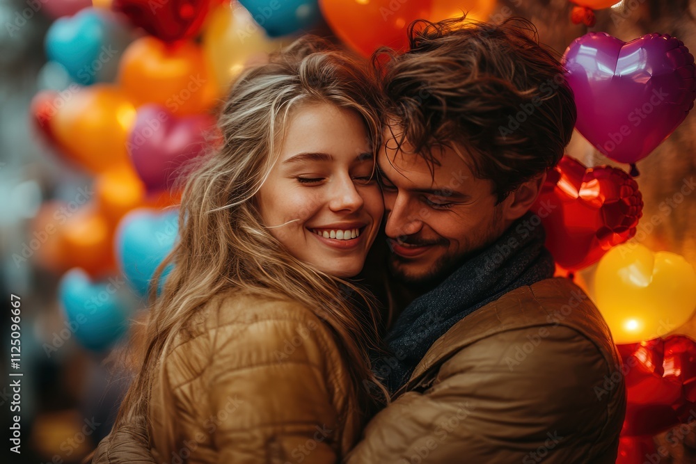 Couple shares a joyful embrace against a vibrant background of colorful hearts Couple shares a joyful embrace against a vibrant background of colorful hearts