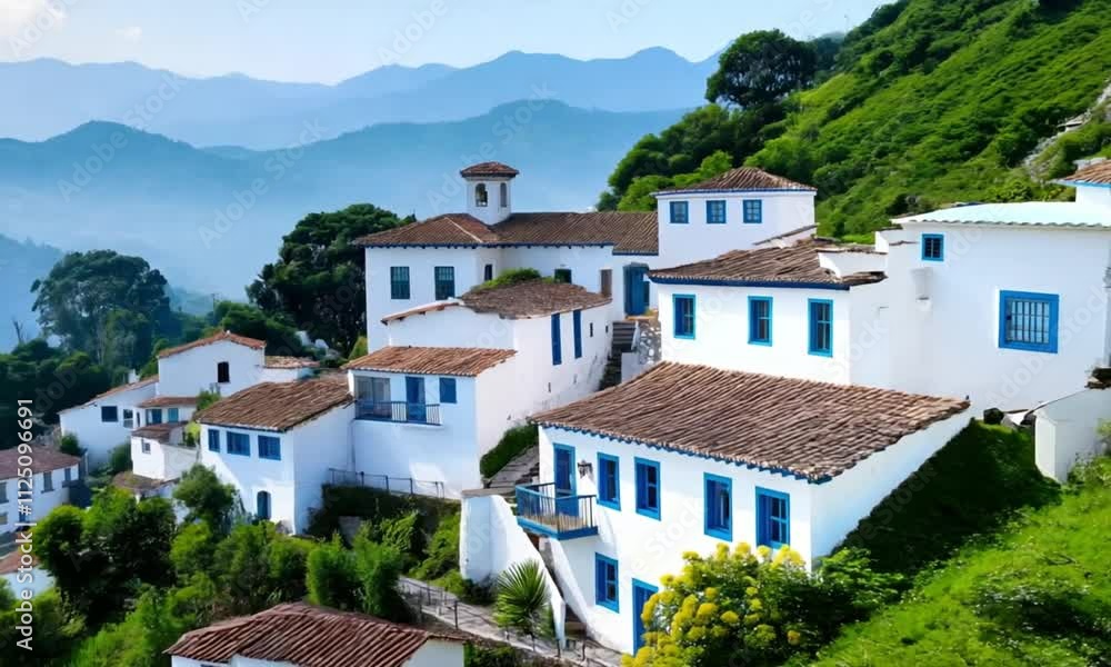 serene hillside village with whitewashed houses featuring blue windows and terracotta roofs, surrounded by lush greenery and rolling hills under a soft misty sky serene hillside village with whitewashed houses featuring blue windows and terracotta roofs, surrounded by lush greenery and rolling hills under a soft misty sky