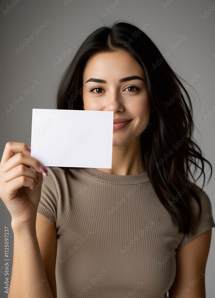 Woman Holding Blank White Card Mockup Portrait Studio Woman Holding Blank White Card Mockup Portrait Studio