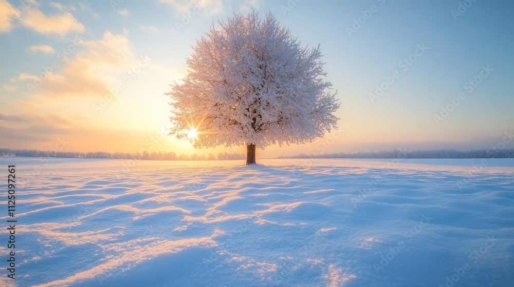 Frosty Tree Stands Alone in Winter Sunset Landscape Frosty Tree Stands Alone in Winter Sunset Landscape