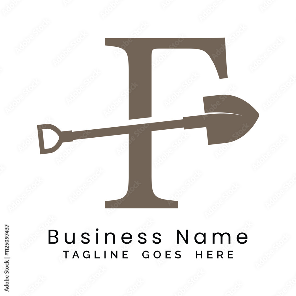 Letter F shovel logo design. Alphabet F construction icon Letter F shovel logo design. Alphabet F construction icon