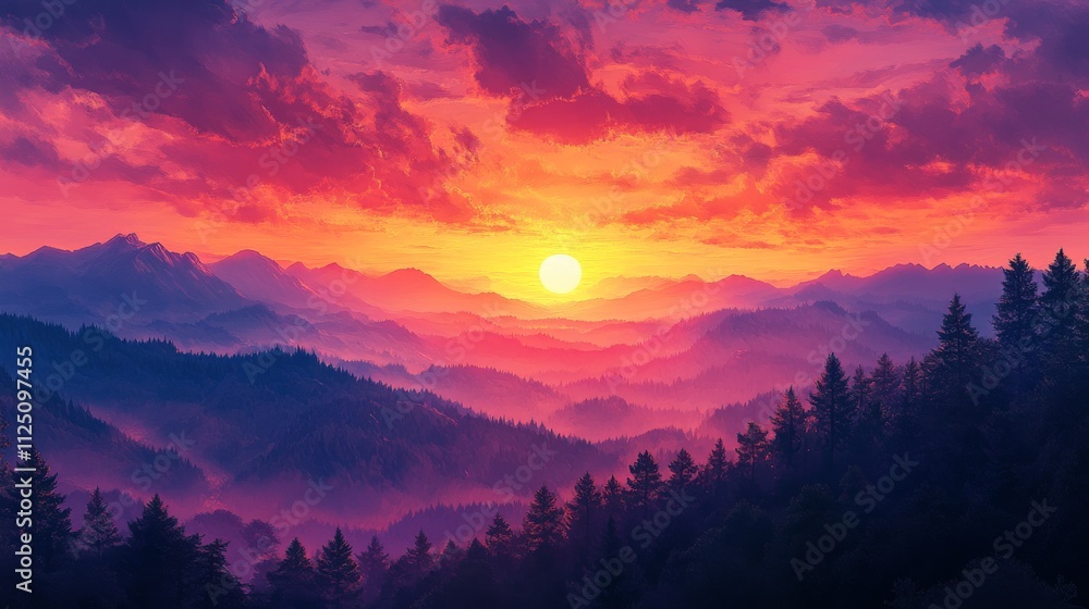 Obraz premium Vibrant Sunset Over Misty Mountain Ranges And Forest