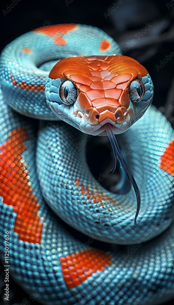 amazing blue-turquoise-orange snake with blue eyes posing on logs against dark background. close up. Ai generated