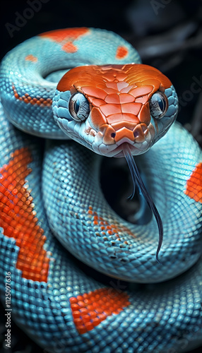 Obraz na płótnie amazing blue-turquoise-orange snake with blue eyes posing on logs against dark background. close up. Ai generated w salonie
