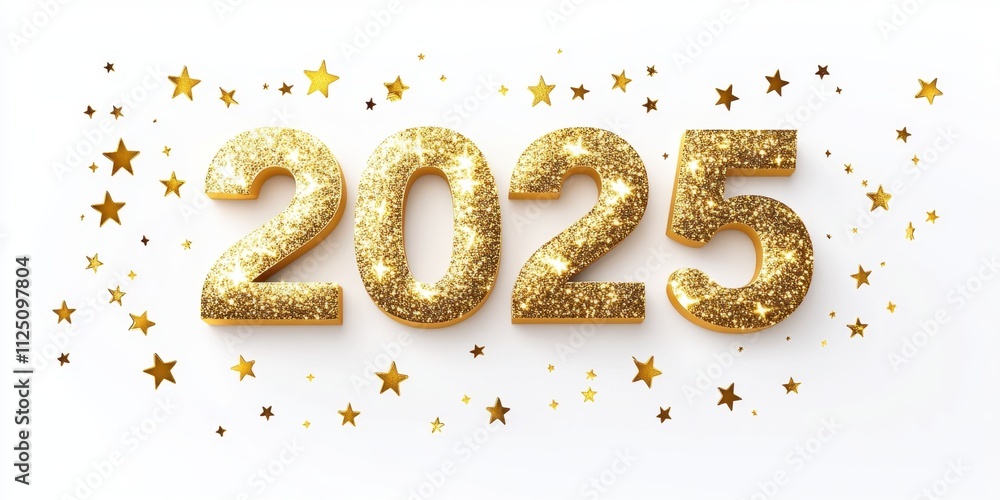 3D golden text 2025 with glitter and stars on a white 3D golden text 2025 with glitter and stars on a white