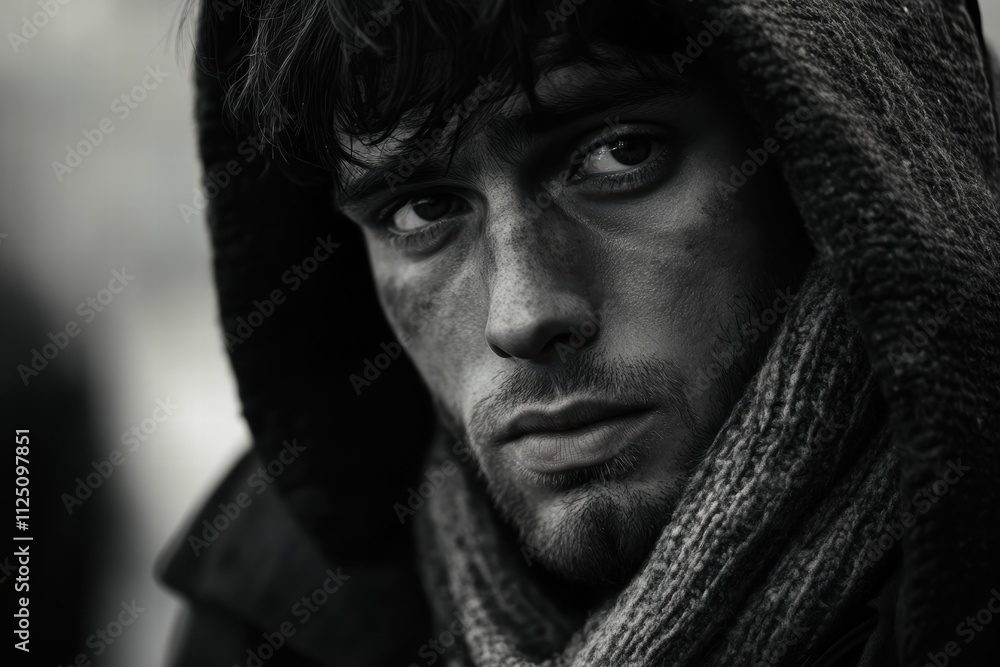 Portrait of a homeless man reflecting on life in a bustling urban environment Portrait of a homeless man reflecting on life in a bustling urban environment