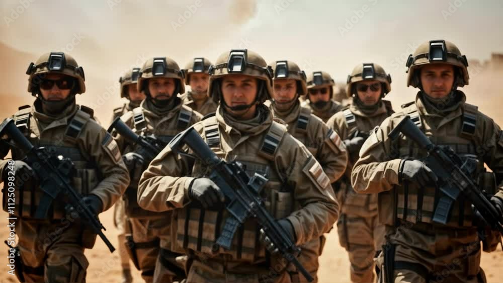 Modern soldiers in a dusty warzone, fully equipped and facing the camera in military formation. Concept Military Photoshoot, Warzone Setting, Soldier Portraits, Military Formation, Dusty Environment Modern soldiers in a dusty warzone, fully equipped and facing the camera in military formation. Concept Military Photoshoot, Warzone Setting, Soldier Portraits, Military Formation, Dusty Environment