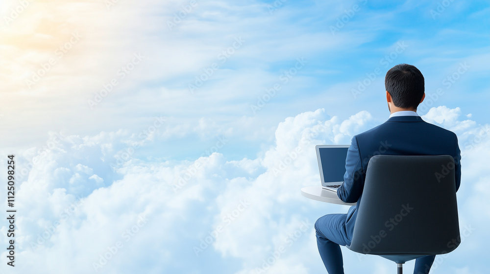 A businessman in suit sitting in chair looking at sky with clouds. Business concept and ideas. A businessman in suit sitting in chair looking at sky with clouds. Business concept and ideas.