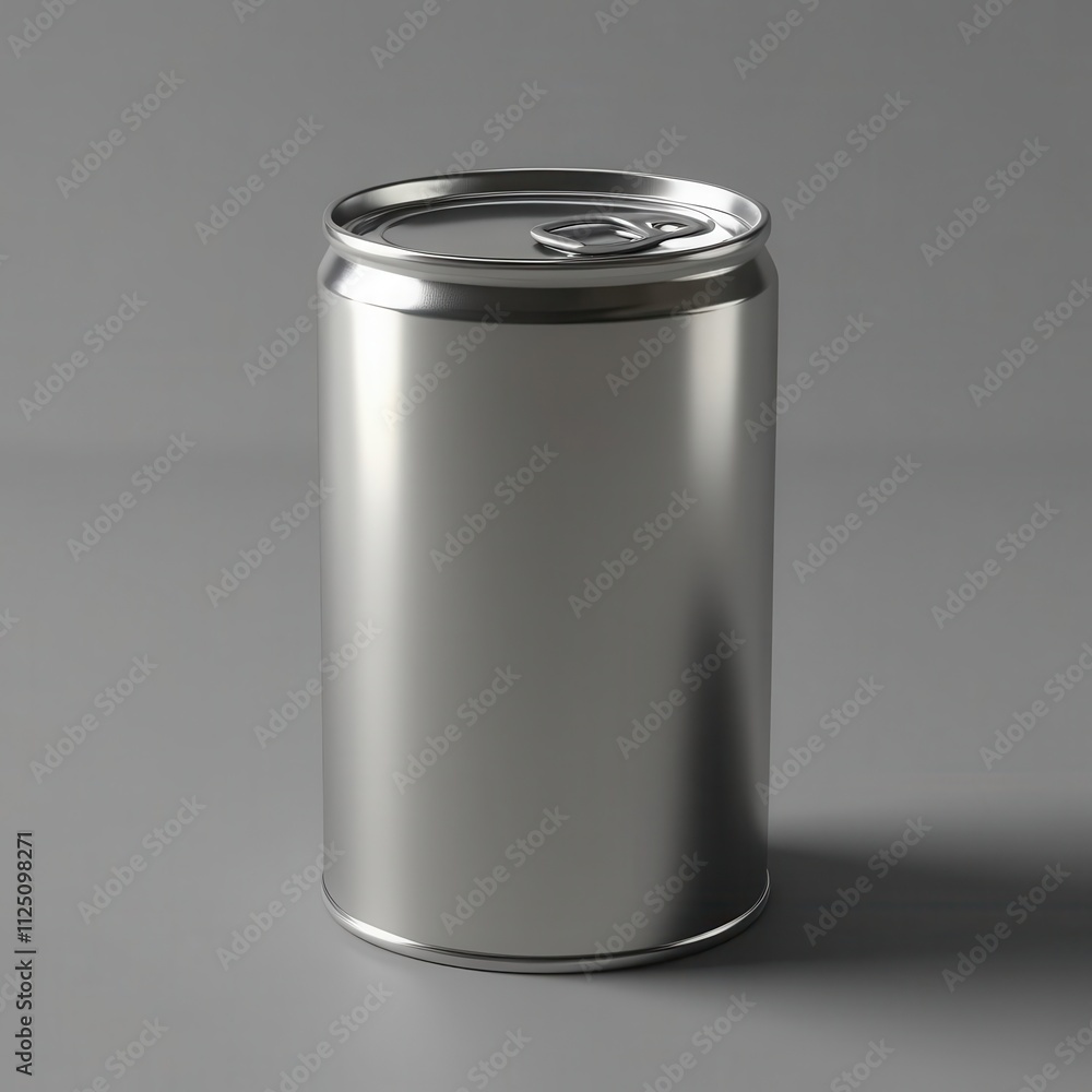 A sleek, metallic beverage can displayed on a minimalist gray background, perfect for branding and product design.