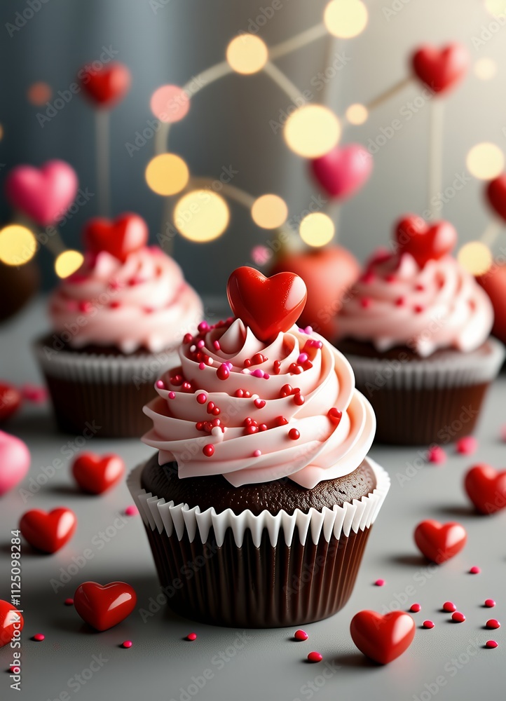 Romantic Valentine s Day Chocolate Cupcakes with Heart Decorations Festive Background Romantic Valentine s Day Chocolate Cupcakes with Heart Decorations Festive Background