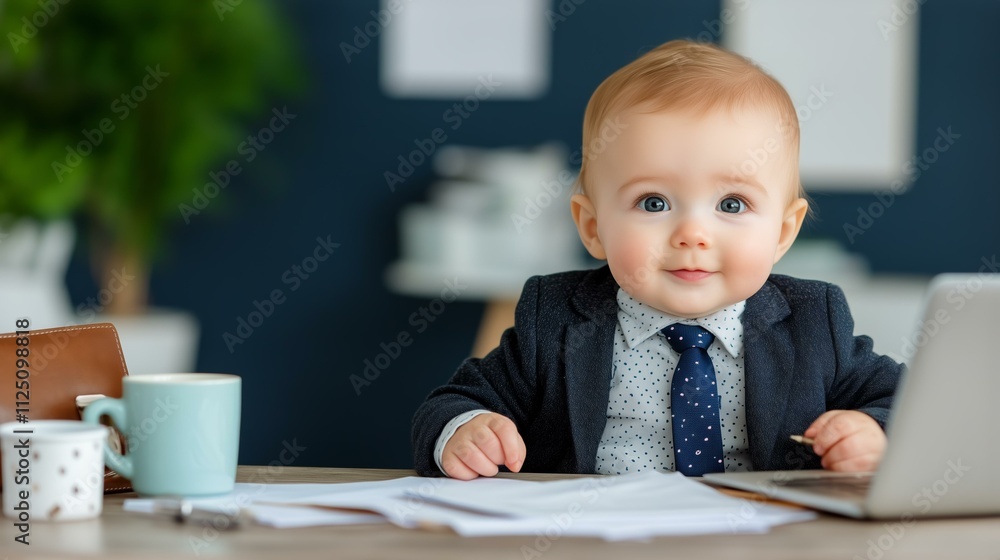 Adorable baby dressed as business executive in office setting Adorable baby dressed as business executive in office setting