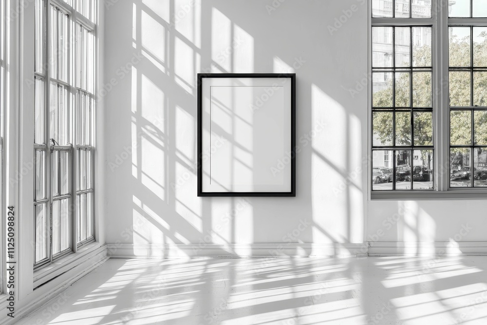 A spacious, minimalistic room with large windows casting elegant shadows on a white wall. A spacious, minimalistic room with large windows casting elegant shadows on a white wall.