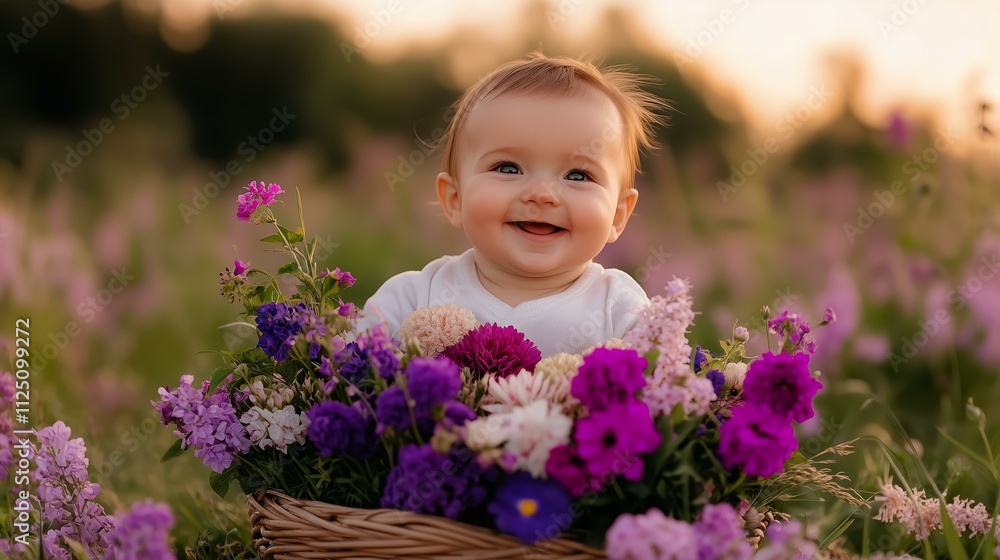 Joyful baby surrounded by vibrant flowers in a serene outdoor setting Joyful baby surrounded by vibrant flowers in a serene outdoor setting
