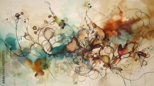 Abstract watercolor painting with organic shapes and flowing lines in earthy tones. photo