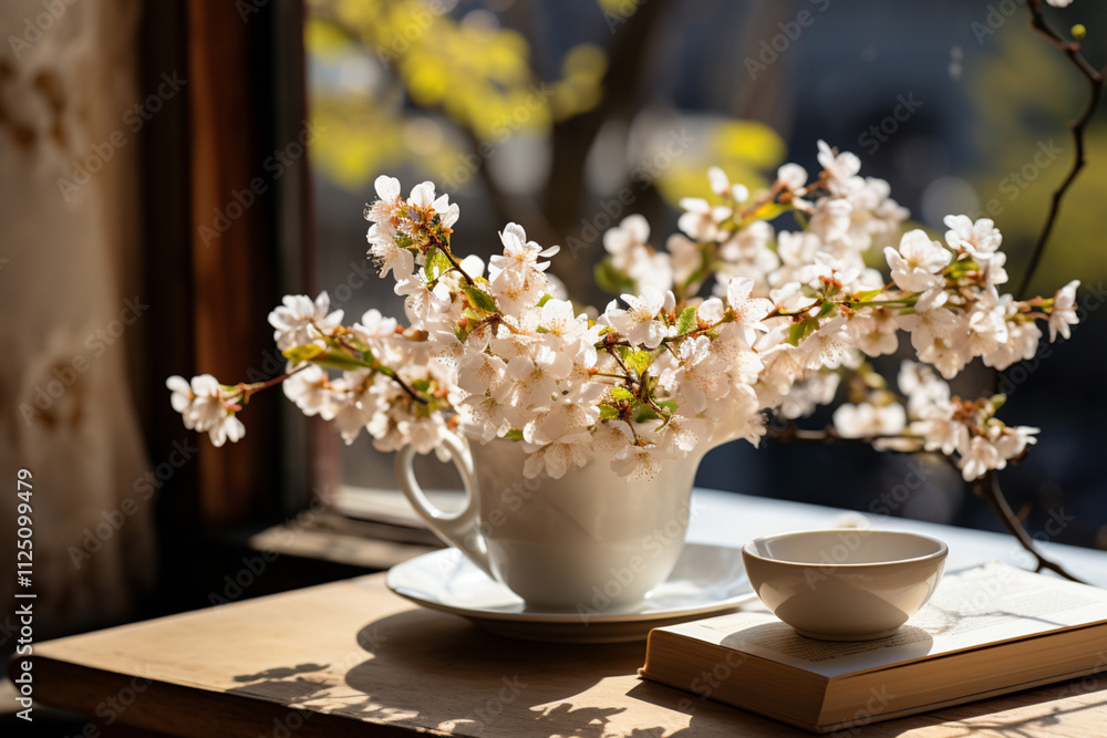 A cup of coffee and a book on a window sill. Vase with a branch of blooming spring trees A cup of coffee and a book on a window sill. Vase with a branch of blooming spring trees