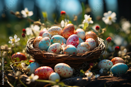 basket with Easter eggs on a flowering meadow, 