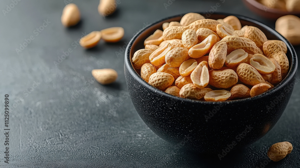 Freshly roasted peanuts in black bowl, surrounded by scattered nuts, create delightful and inviting snack scene. Perfect for sharing or enjoying alone Freshly roasted peanuts in black bowl, surrounded by scattered nuts, create delightful and inviting snack scene. Perfect for sharing or enjoying alone